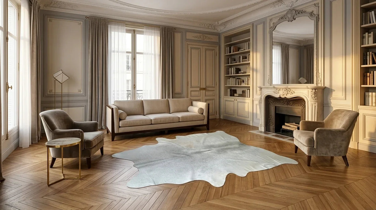 Beige cowhide rug on hardwood floor in parisian artdeco living room