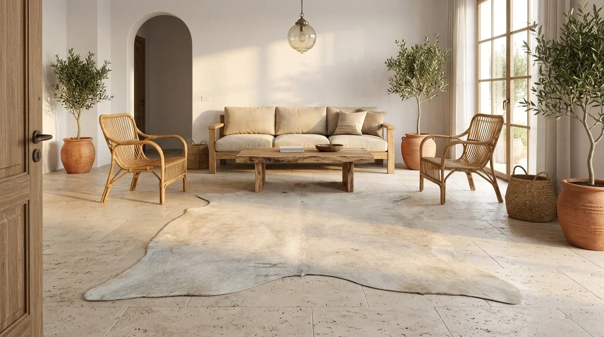 Beige cowhide rug on hardwood floor in organic mediterranean living room