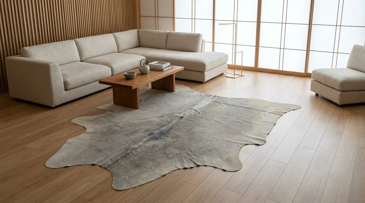 Beige cowhide rug on hardwood floor in tokyo minimal living room