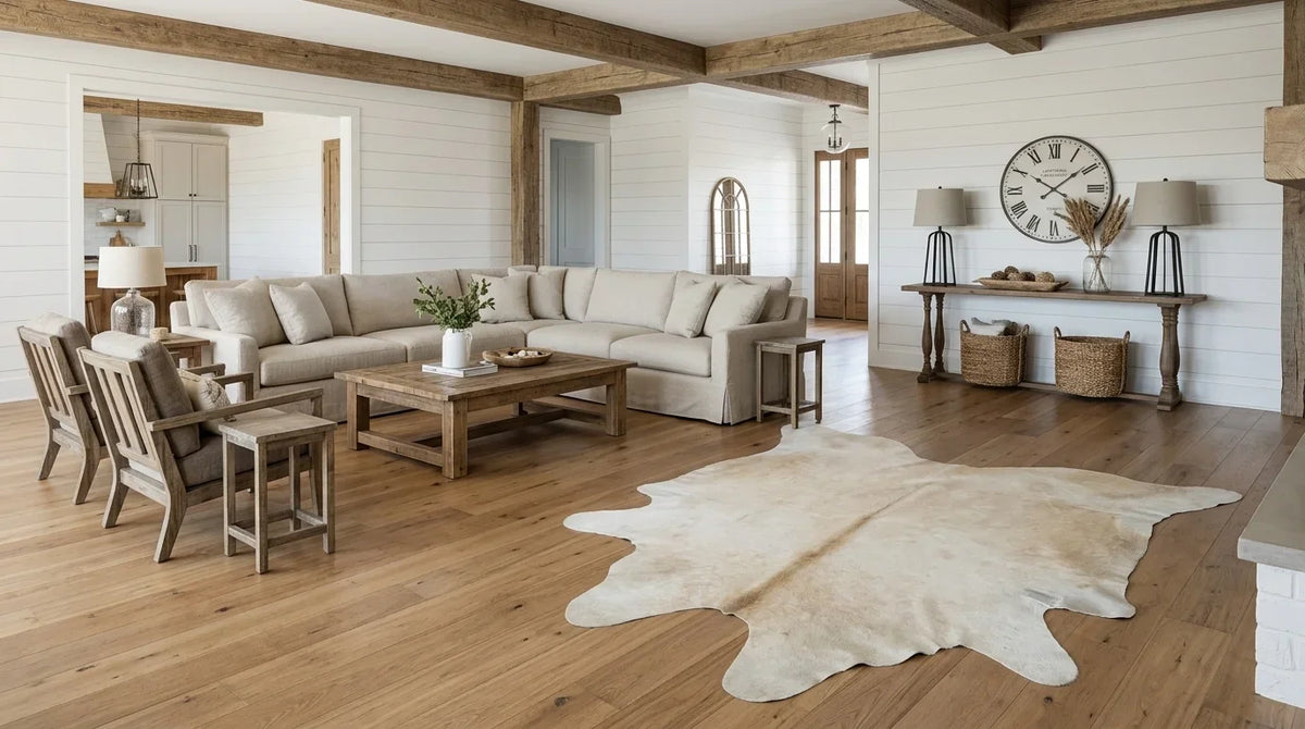 Beige cowhide rug on hardwood floor in modern farmhouse living room