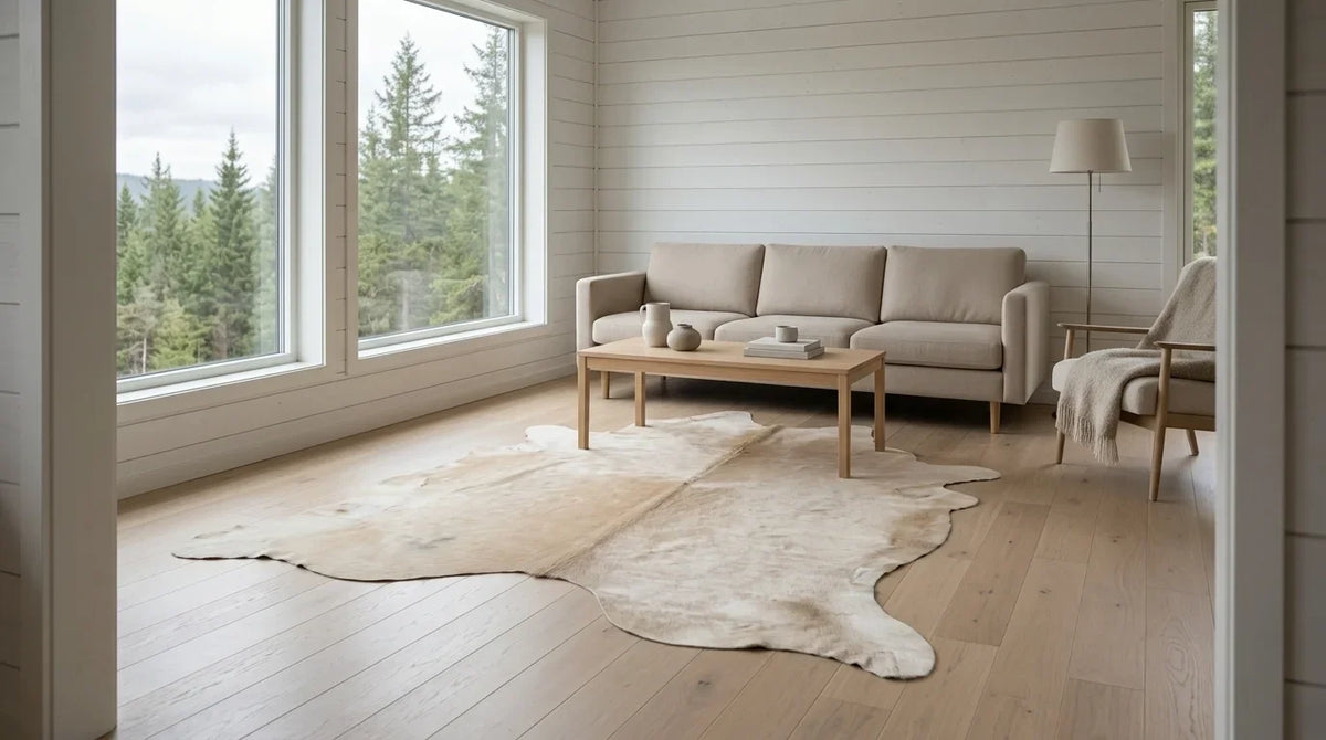 Beige cowhide rug on hardwood floor in scandinavian cabin living room
