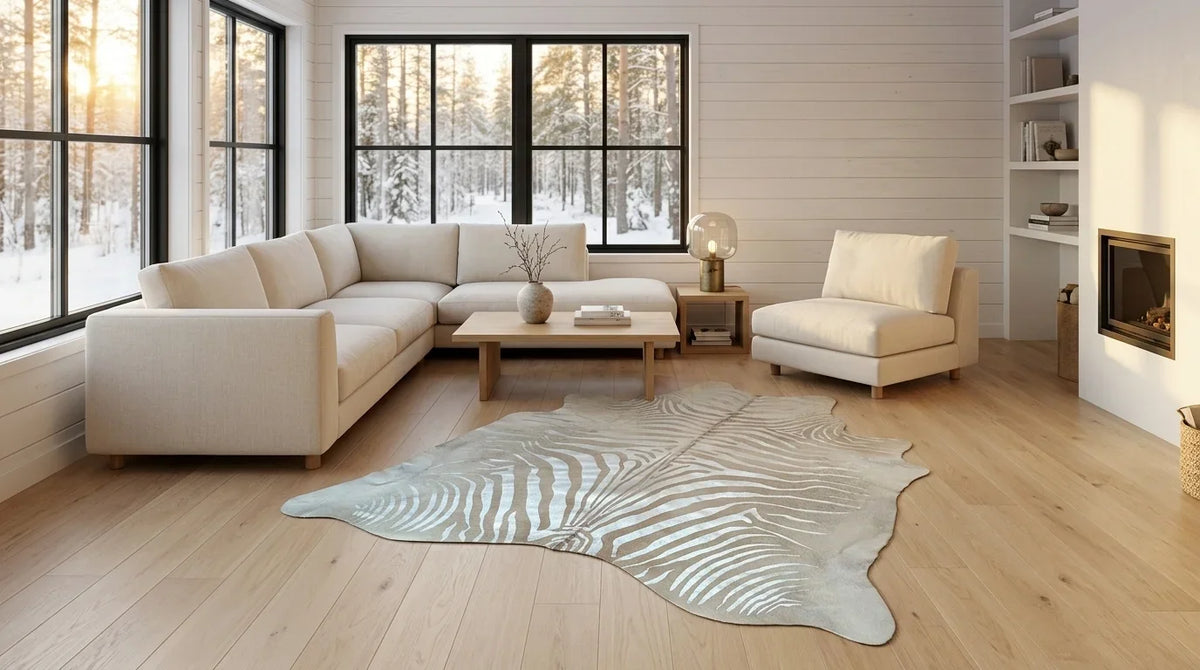 Beige cowhide rug on hardwood floor in scandinavian cabin living room