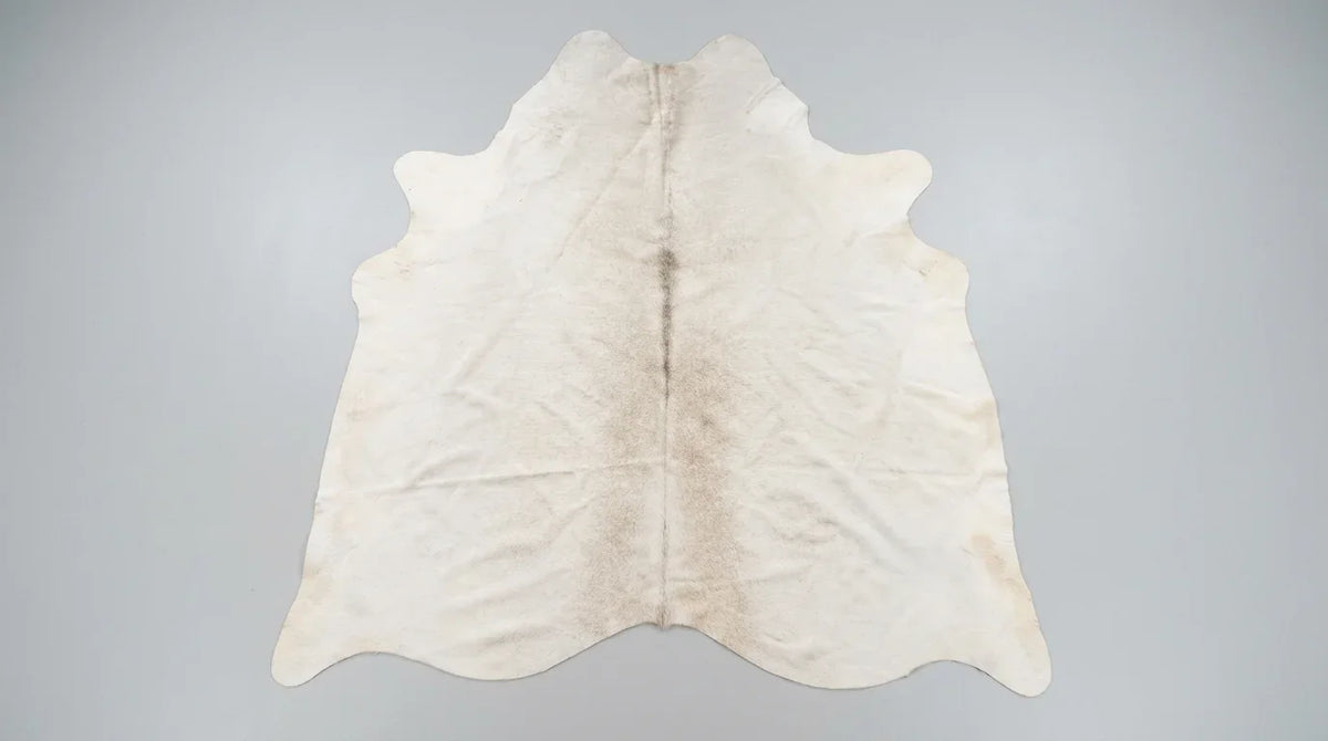 Beige cowhide rug flat lay on white background showing full hide shape
