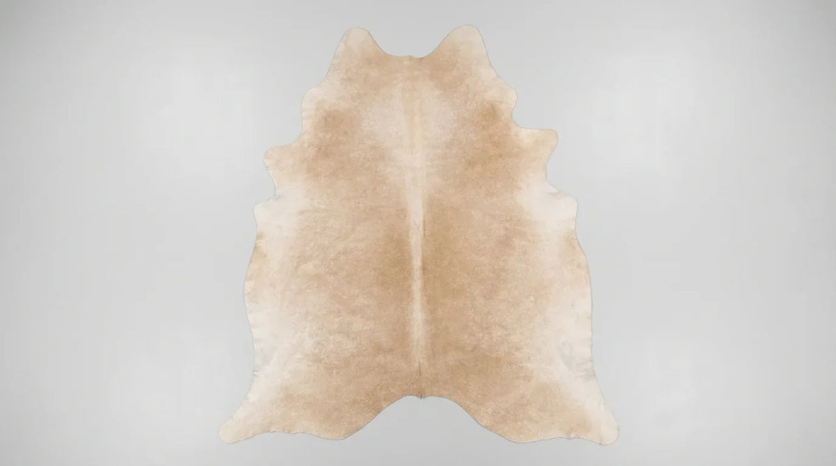 Beige cowhide rug flat lay on white background showing full hide shape