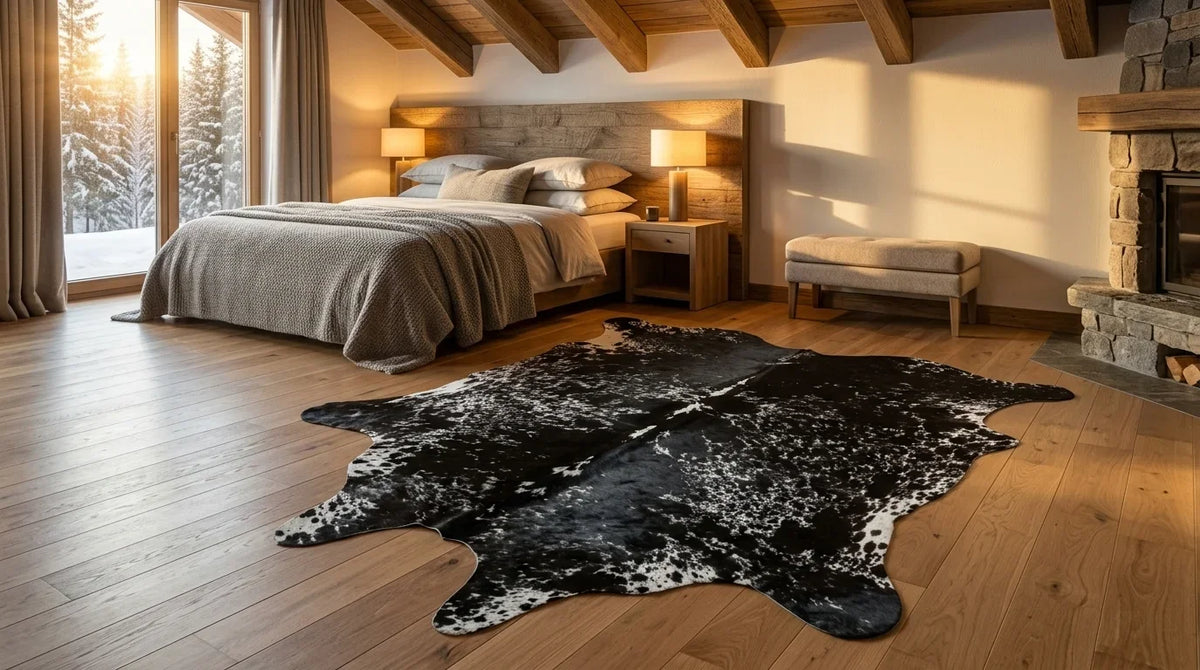 Black and White cowhide rug beside bed in modern chalet bedroom