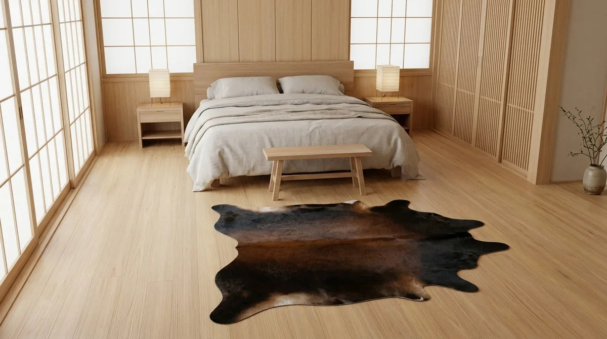 Black and White cowhide rug beside bed in tokyo minimal bedroom