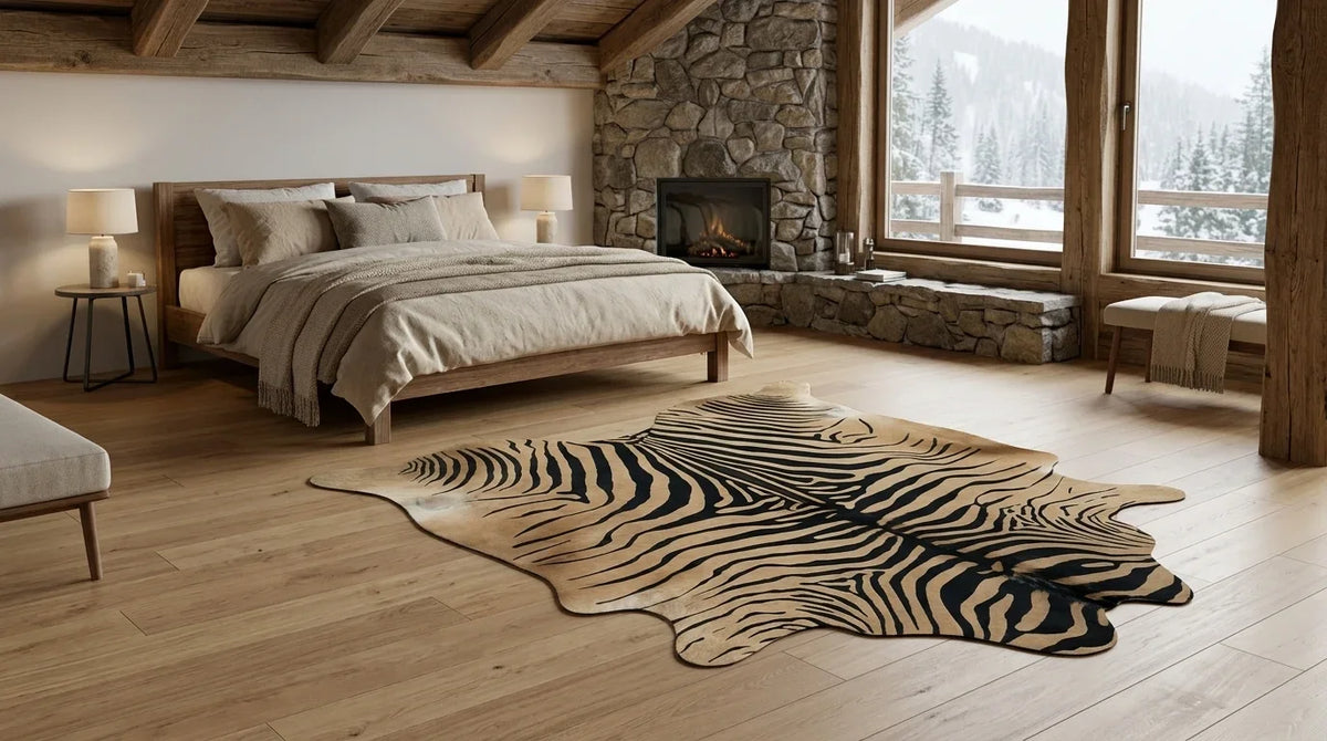 Black and White cowhide rug beside bed in modern chalet bedroom
