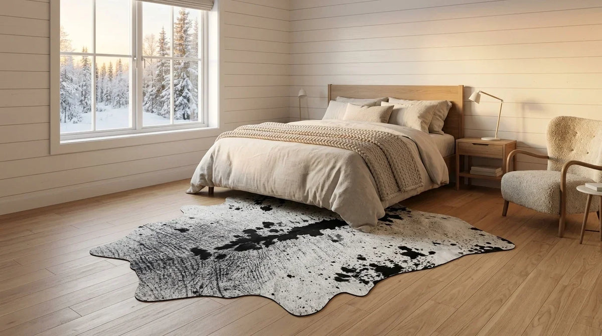 Kuhfell in Grau mit Salt-and-Pepper-Muster im Schlafzimmer im skandinavischen Hüttenstil