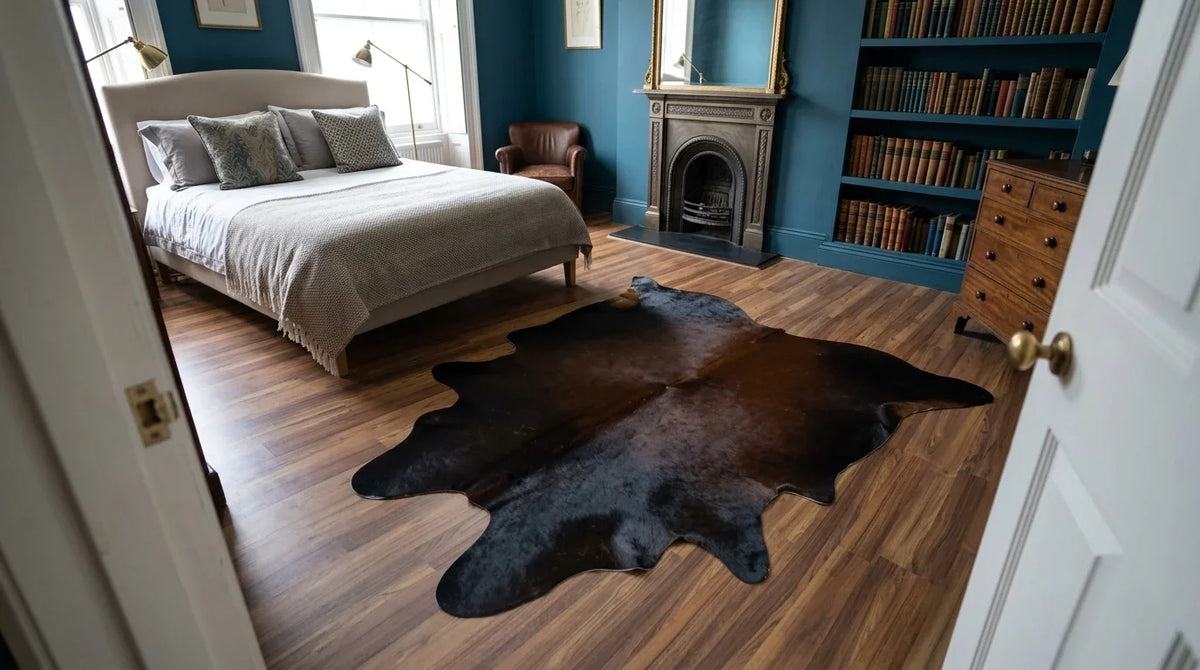 Black and White cowhide rug beside bed in london townhouse bedroom