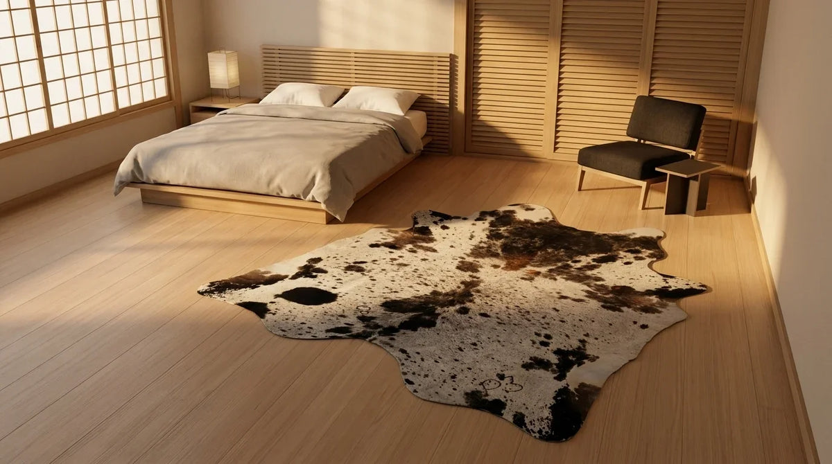 Black and White cowhide rug beside bed in tokyo minimal bedroom