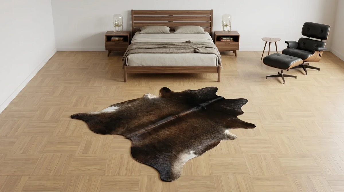 Black and White cowhide rug beside bed in midcentury modern bedroom