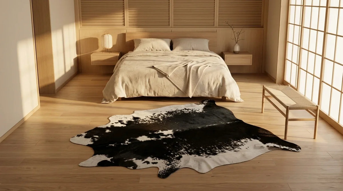 Black and White cowhide rug beside bed in tokyo minimal bedroom