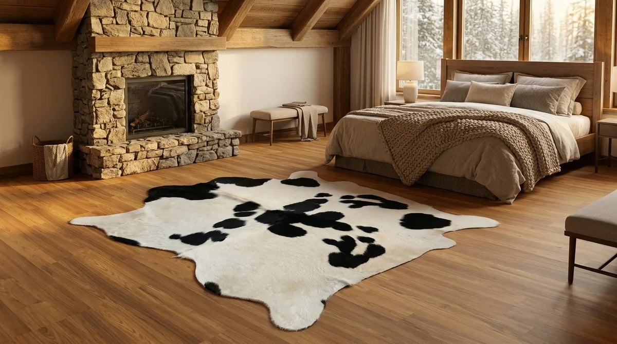 Black and White cowhide rug beside bed in modern chalet bedroom