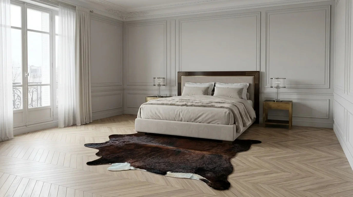 Black and White cowhide rug beside bed in parisian artdeco bedroom