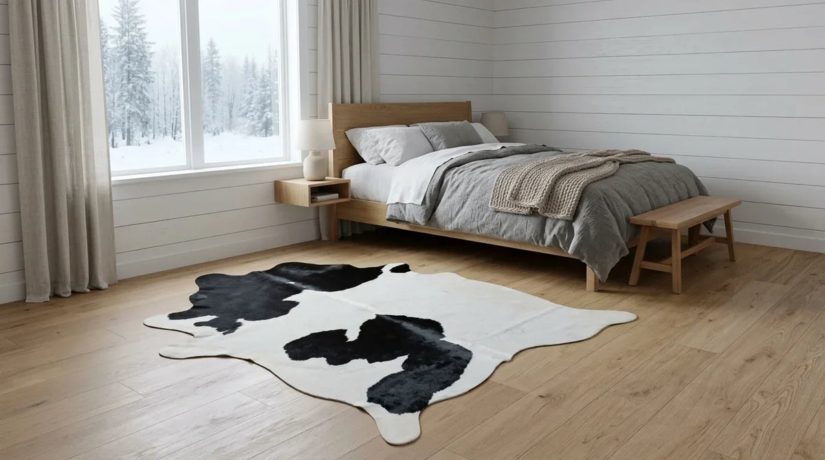 Black and White cowhide rug beside bed in scandinavian cabin bedroom