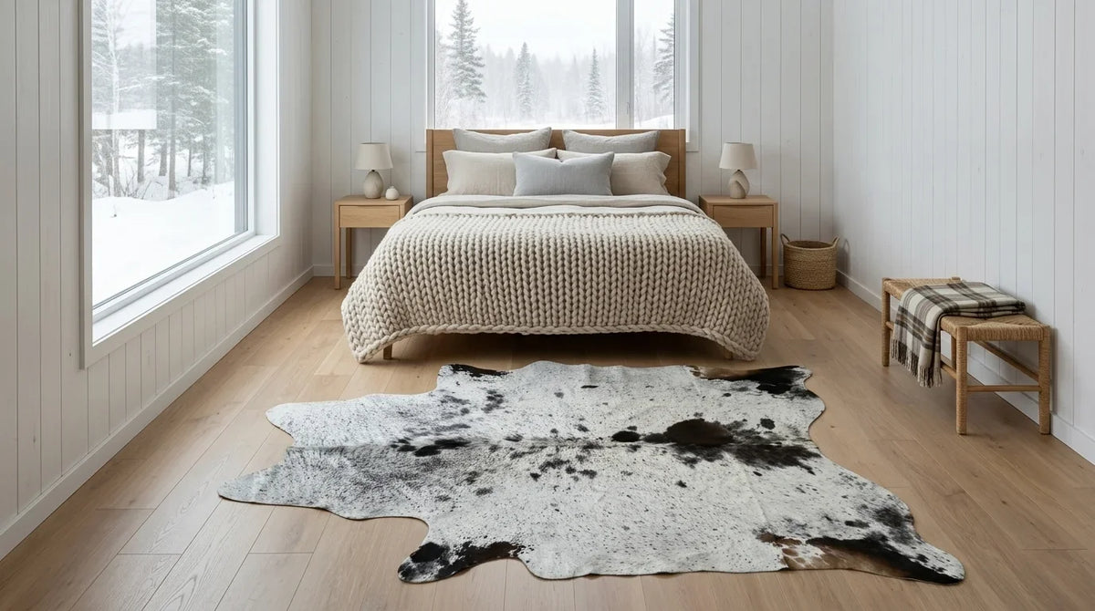 Black and White cowhide rug beside bed in scandinavian cabin bedroom