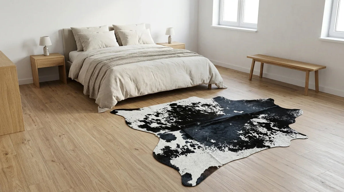 Black and White cowhide rug beside bed in contemporary european bedroom