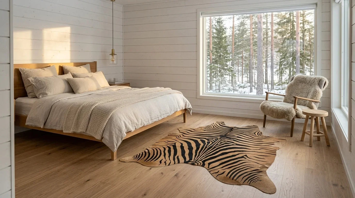 Black and White cowhide rug beside bed in scandinavian cabin bedroom