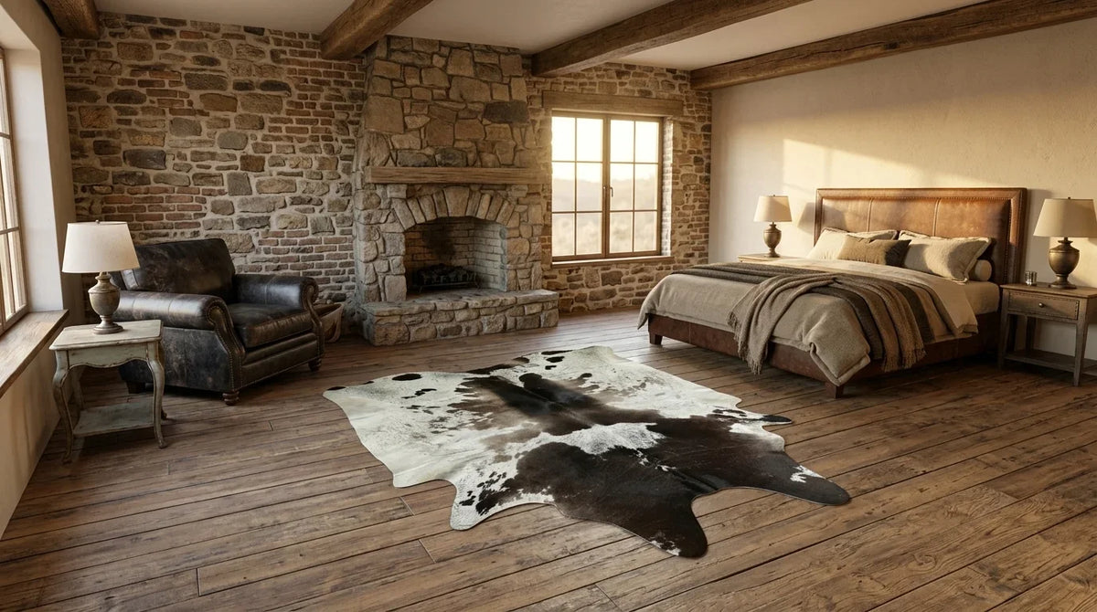 Black and White cowhide rug beside bed in texas ranch bedroom