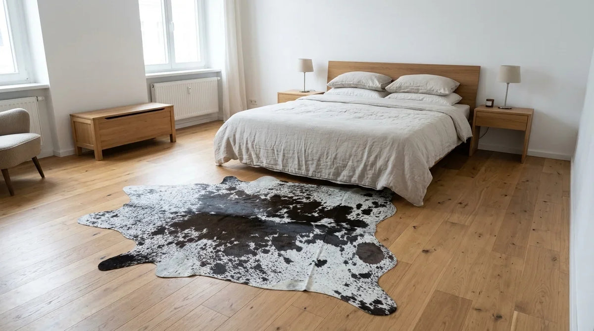Black and White cowhide rug beside bed in contemporary european bedroom