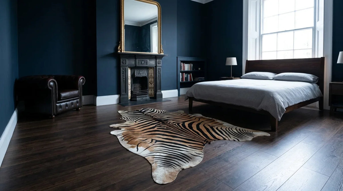 Black and White cowhide rug beside bed in london townhouse bedroom