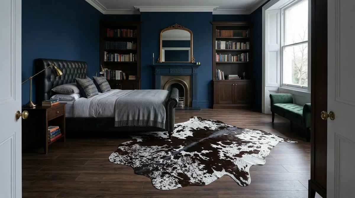 Black and White cowhide rug beside bed in london townhouse bedroom