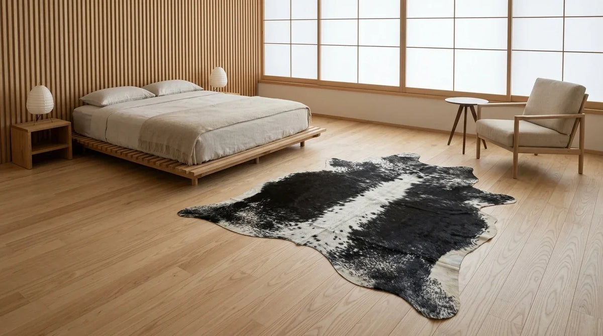 Black and White cowhide rug beside bed in tokyo minimal bedroom