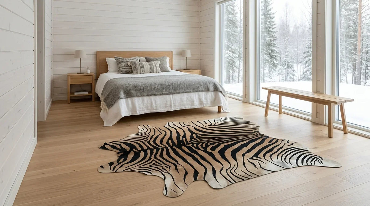 Black and White cowhide rug beside bed in scandinavian cabin bedroom