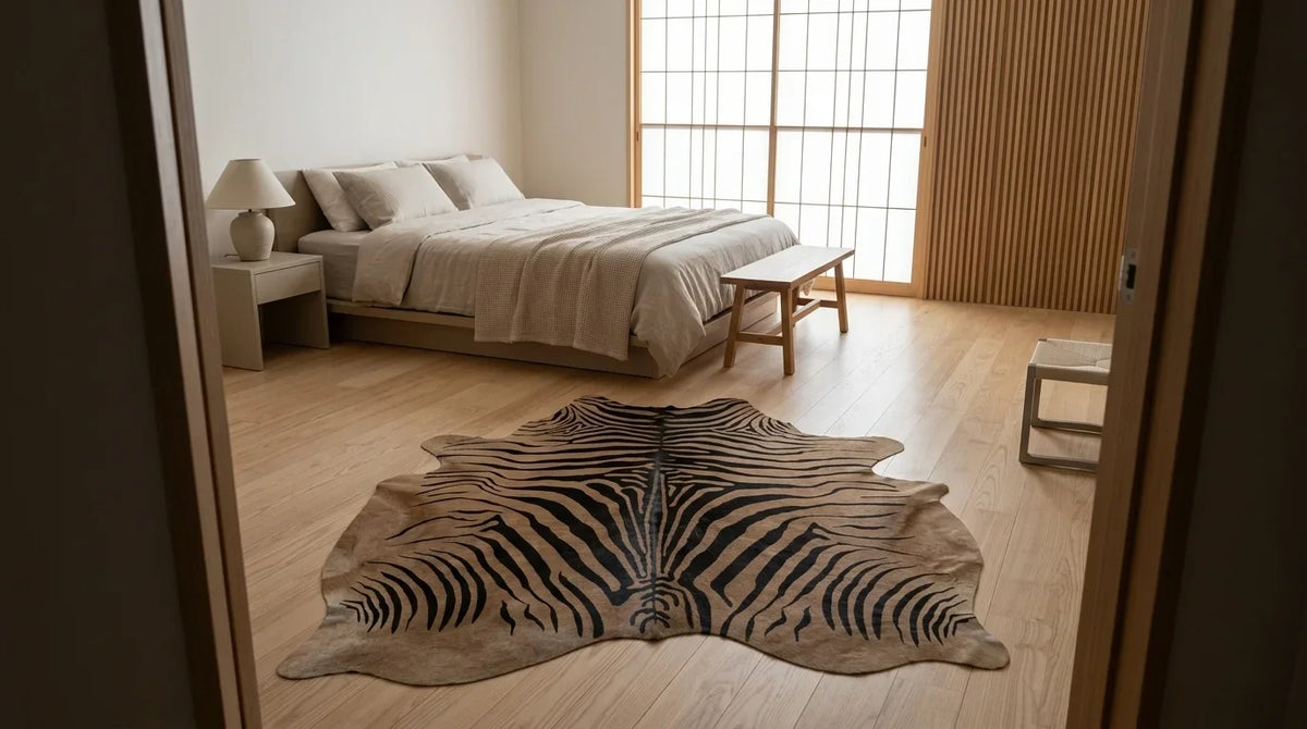 Black and White cowhide rug beside bed in tokyo minimal bedroom