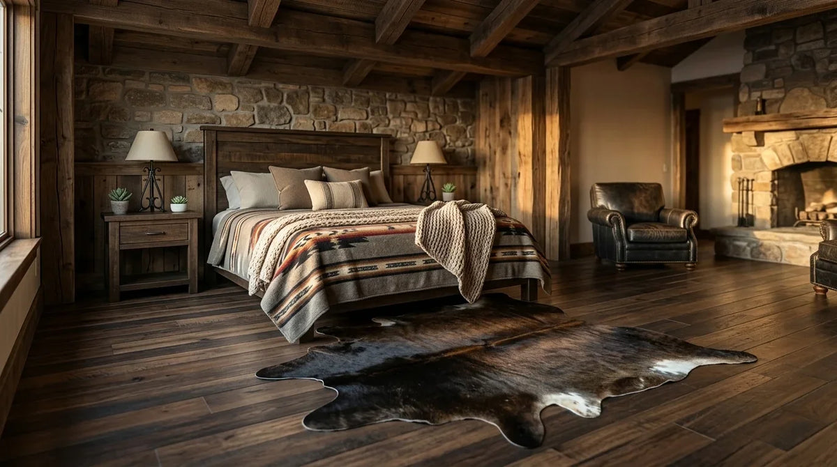 Black and White cowhide rug beside bed in texas ranch bedroom