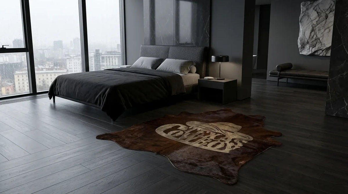 Black and White cowhide rug beside bed in milano penthouse bedroom