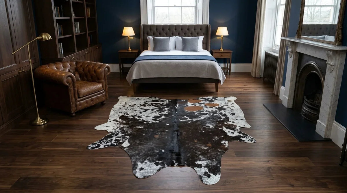 Black and White cowhide rug beside bed in london townhouse bedroom