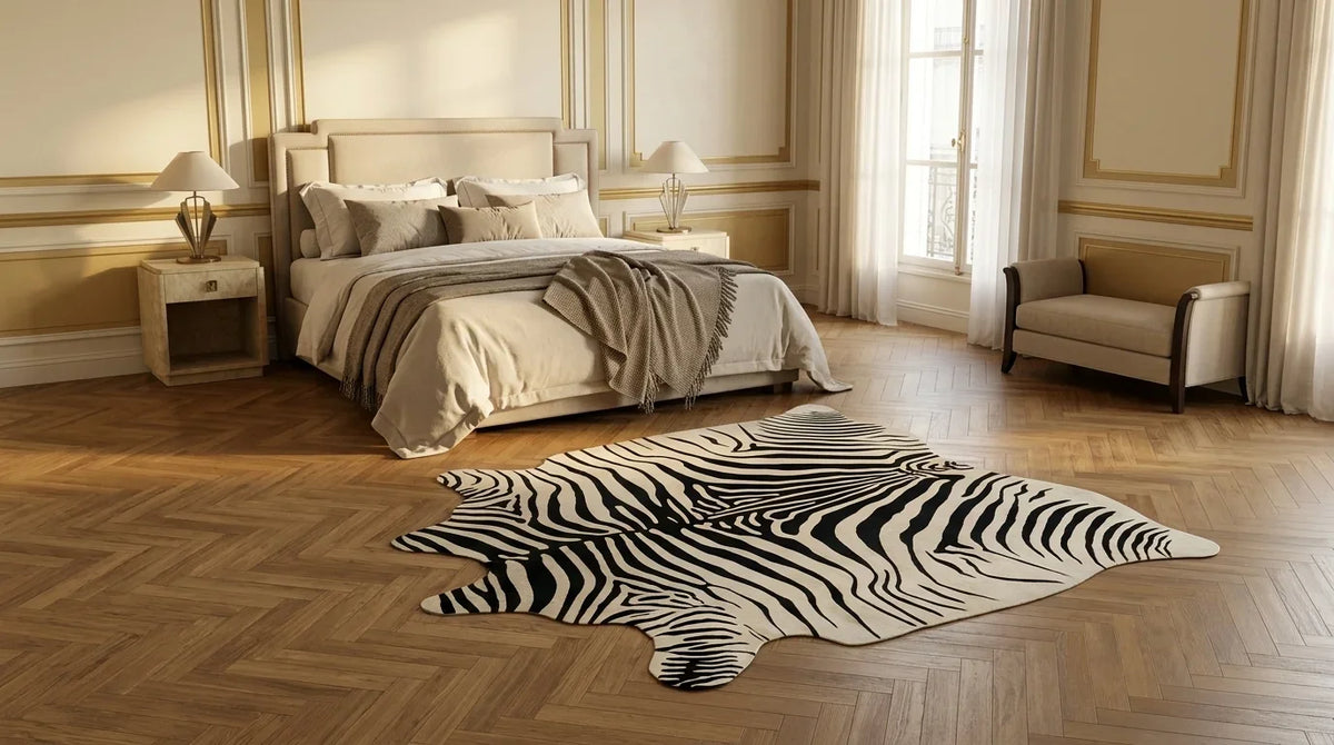 Black and White cowhide rug beside bed in parisian artdeco bedroom