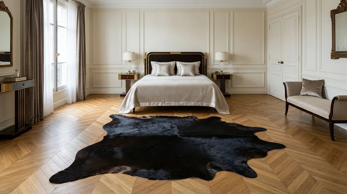 Kuhfell in Schwarz-Weiß im Schlafzimmer im Pariser Art-déco-Stil