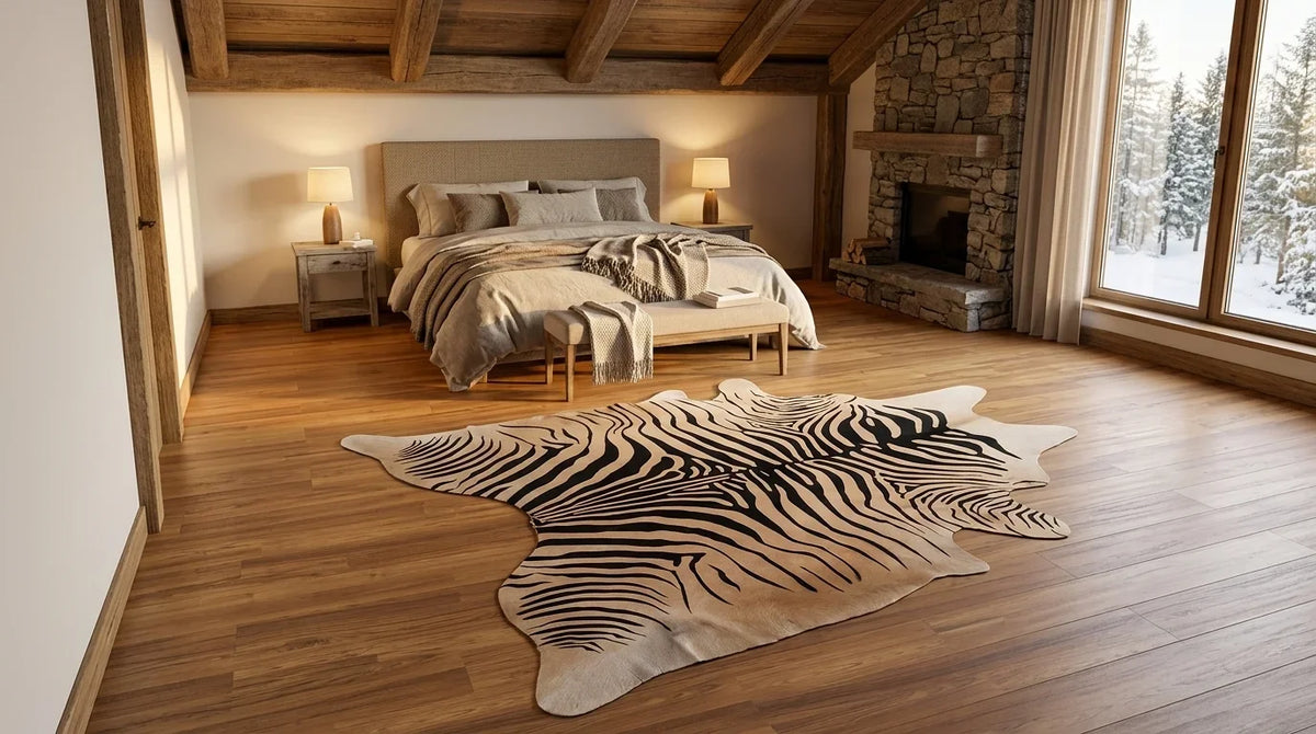 Black and White cowhide rug beside bed in modern chalet bedroom