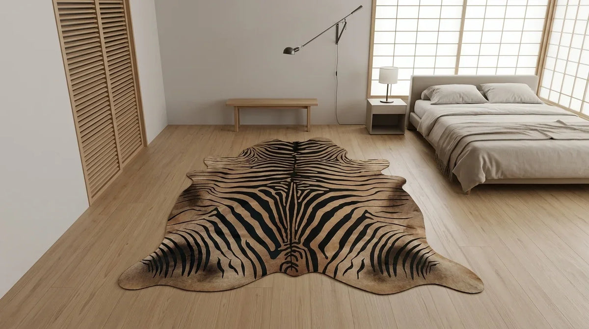 Black and White cowhide rug beside bed in tokyo minimal bedroom