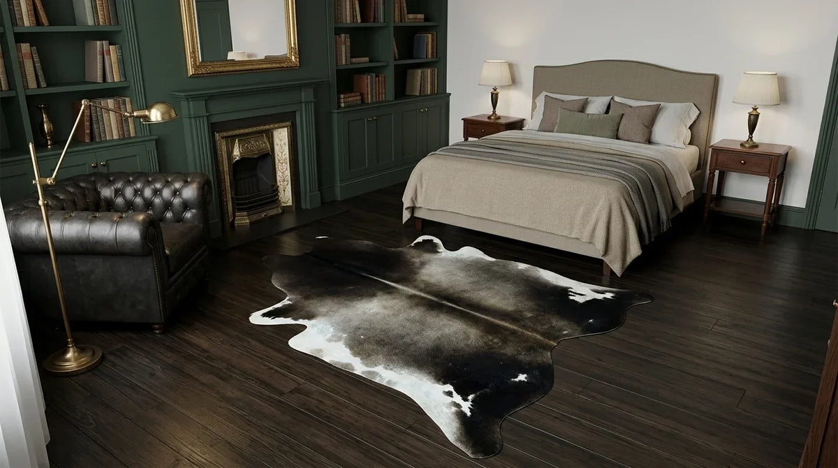 Black and White cowhide rug beside bed in london townhouse bedroom
