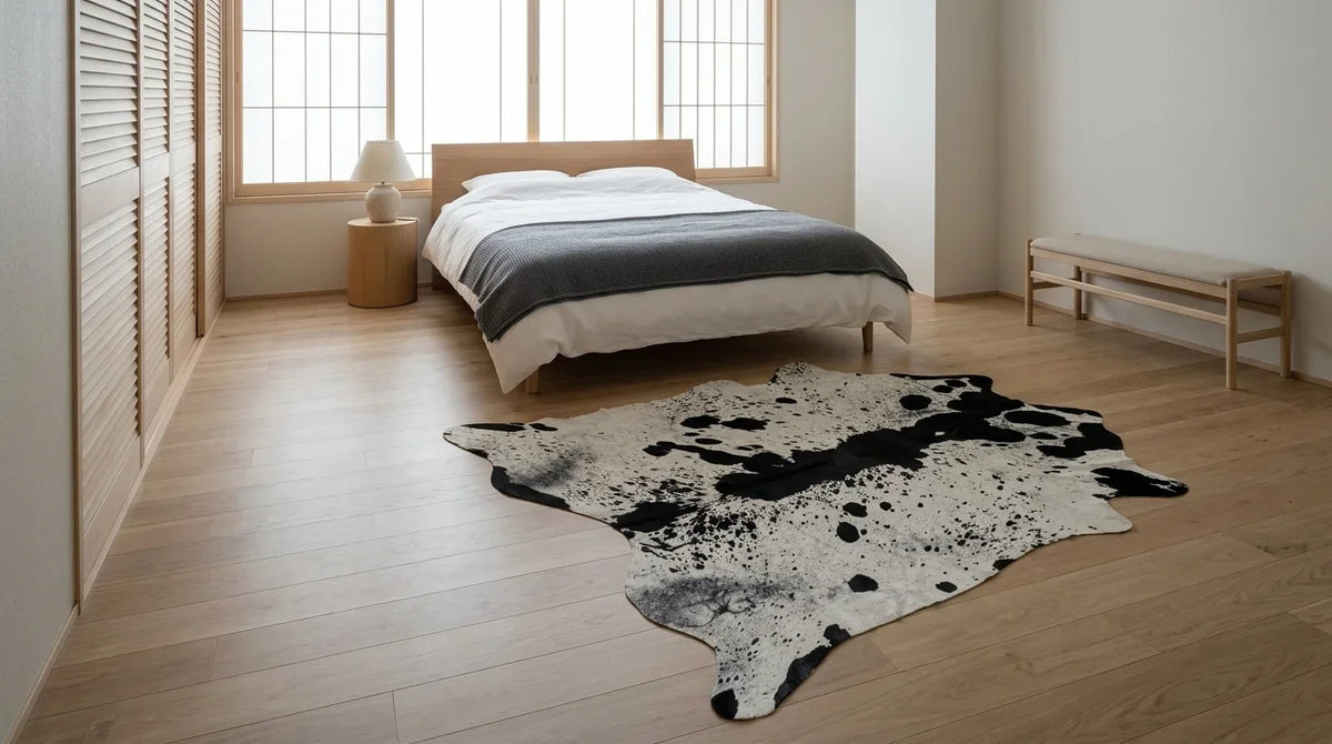 Black and White cowhide rug beside bed in tokyo minimal bedroom