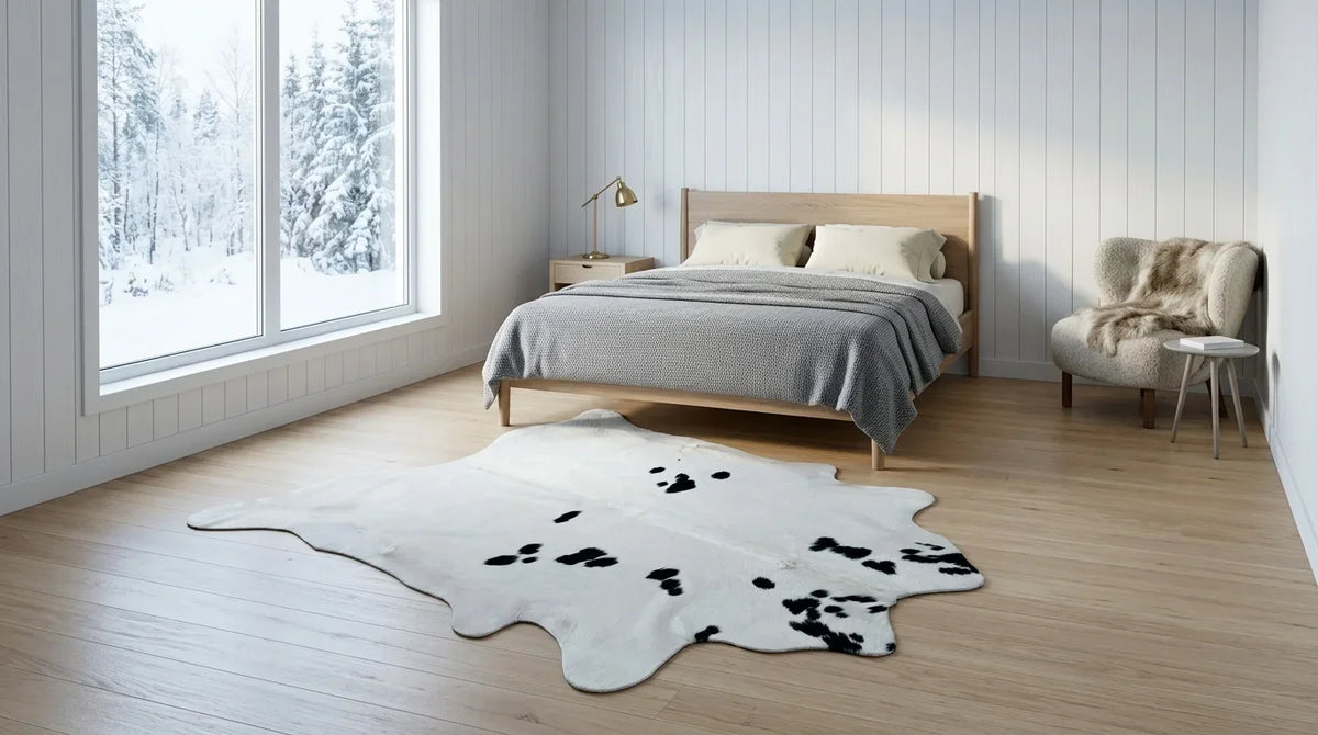 Black and White cowhide rug beside bed in scandinavian cabin bedroom