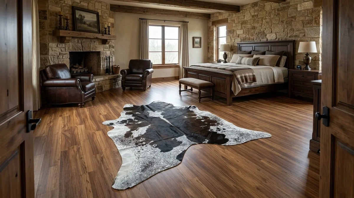 Black and White cowhide rug beside bed in texas ranch bedroom