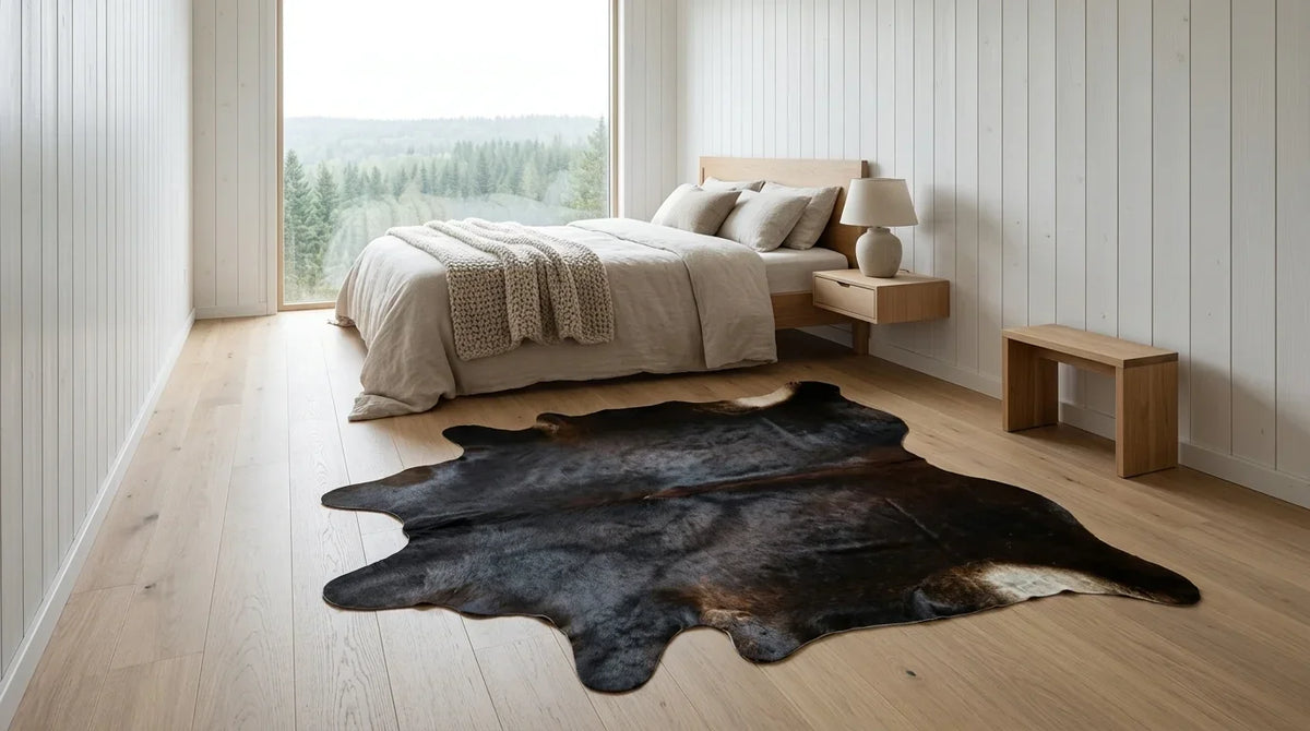Black and White cowhide rug beside bed in scandinavian cabin bedroom