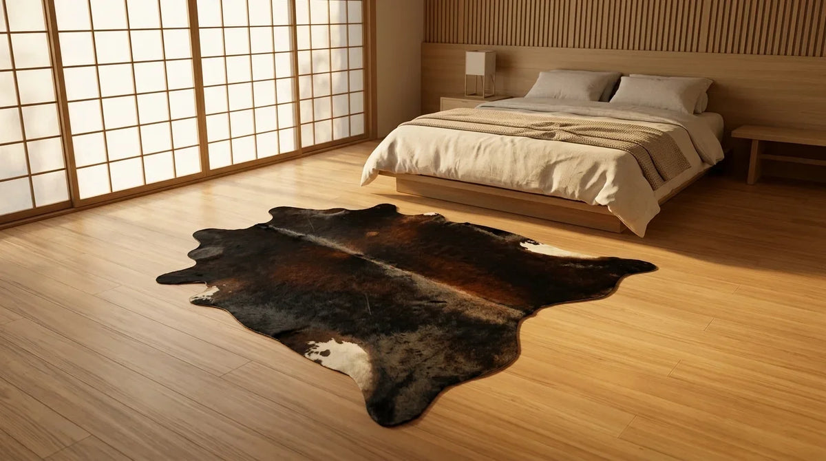 Black and White cowhide rug beside bed in tokyo minimal bedroom
