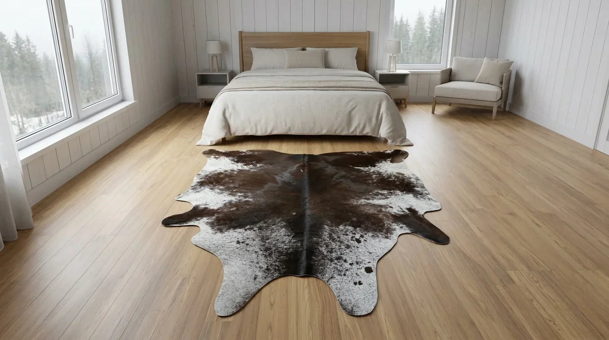 Black and White cowhide rug beside bed in scandinavian cabin bedroom