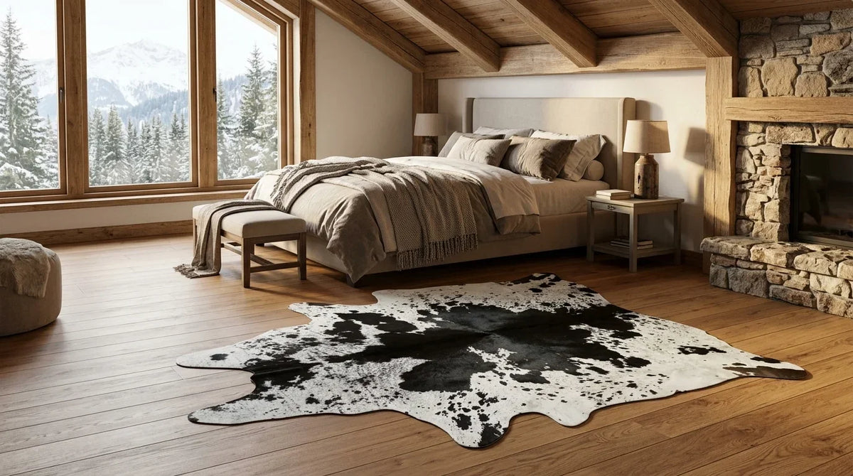 Black and White cowhide rug beside bed in modern chalet bedroom