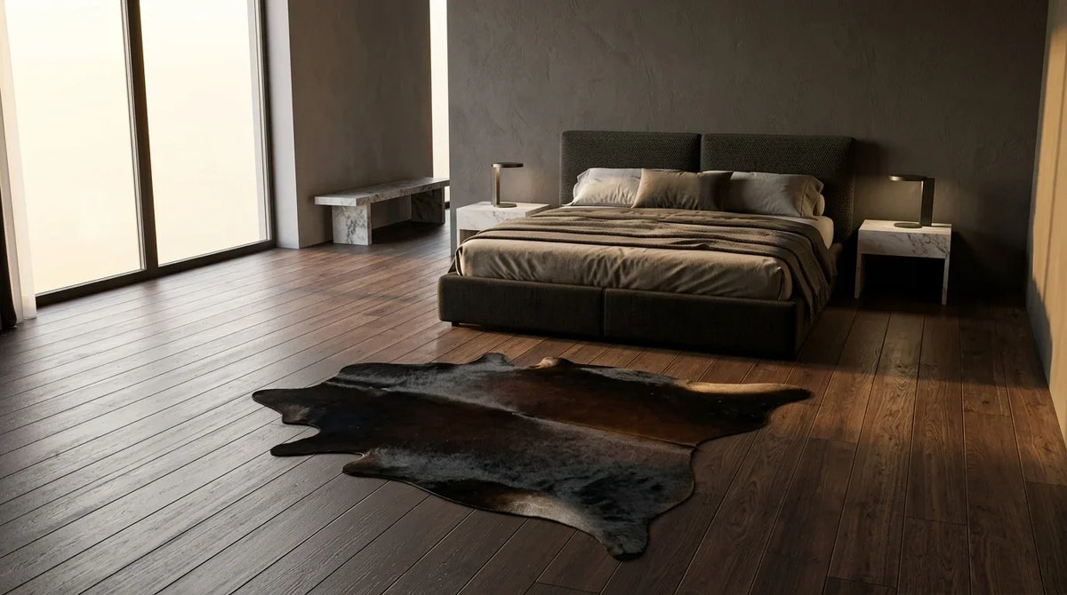 Black and White cowhide rug beside bed in milano penthouse bedroom