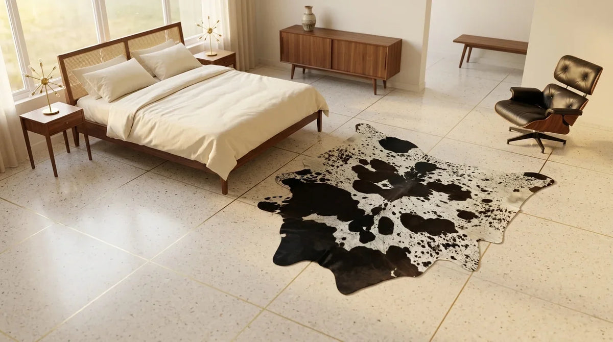 Black and White cowhide rug beside bed in midcentury modern bedroom