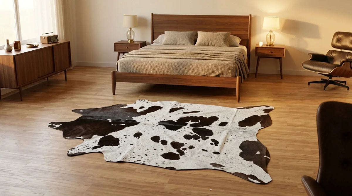 Black and White cowhide rug beside bed in midcentury modern bedroom