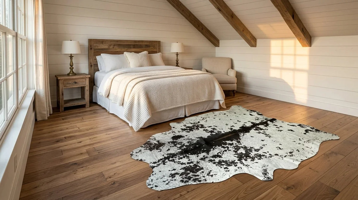 Black and White cowhide rug beside bed in modern farmhouse bedroom
