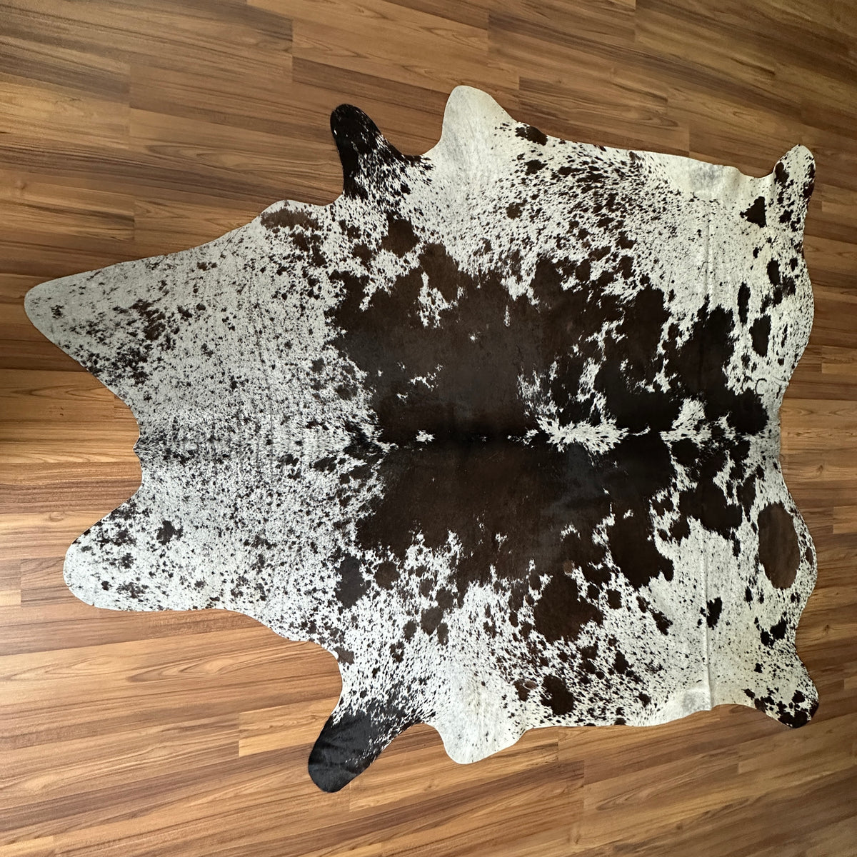 Black and White cowhide rug, full overhead view — Large irregular dark brown patches with fine speckled undertones over cream