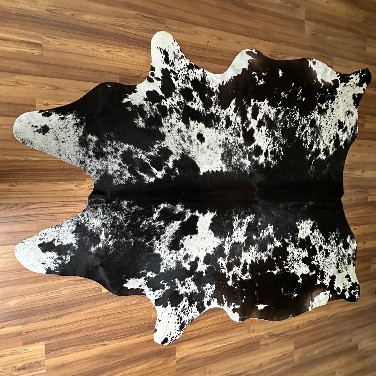 Black and White cowhide rug, full overhead view